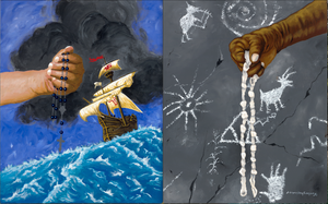 Dyptich: (Left) titled: "1492" - Columbus Reaches The New World ...(Right) Titled: "1680" - Pueblo Revolt