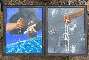 Dyptich: (Left) titled: "1492" - Columbus Reaches The New World ...(Right) Titled: "1680" - Pueblo Revolt